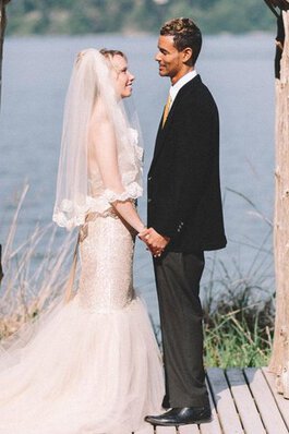 Vestido de Novia en Encaje de Espalda Descubierta de Plisado de Sin mangas