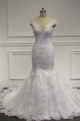 Robe de mariée naturel en dentelle de sirène avec manche courte v encolure