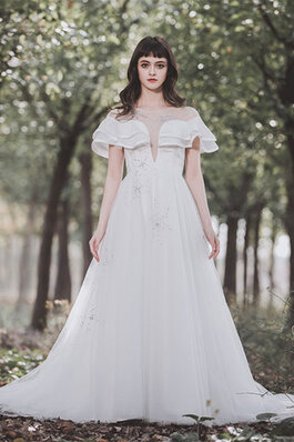 Robe de mariée de traîne courte avec manche courte en satin fait main longue