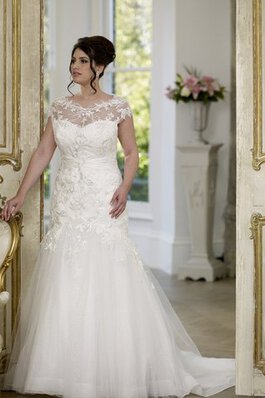 Abito da Sposa Cappellino con Applique Spazzola Treno Tondo con Increspato con Ricamo