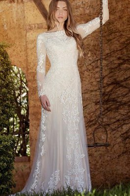 Robe de mariée romantique avec manche longue de col haut de col bateau textile en tulle