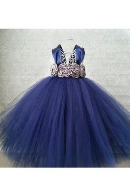 Abito da Cerimonia Bambini V-Scollo Ball Gown con Piega con Nastro con Perline A Terra