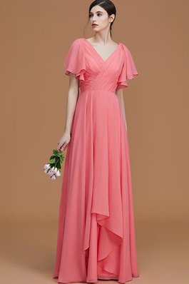 Reißverschluss Natürliche Taile Kurze Ärmeln Gerüschtes V-Ausschnitt Brautjungfernkleid