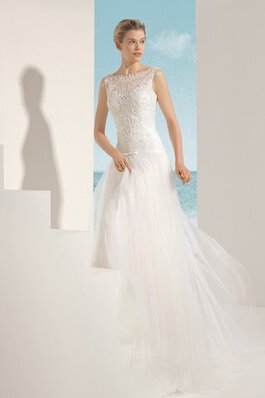 Robe de mariée romantique avec sans manches de traîne courte de col bateau ligne a