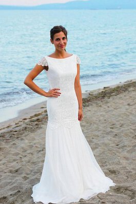 Robe de mariée avec manche courte de sirène col en bateau longueur au ras du sol