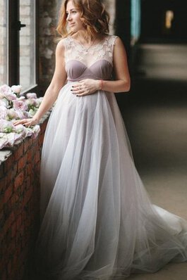 Ärmellos Elegantes bodenlanges tiefer V-Ausschnitt Brautjungfernkleid mit Applike aus Tüll
