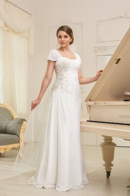 Abito da Sposa Cappellino con Increspato in Chiffon con Manica Corte con Applique Quadrato