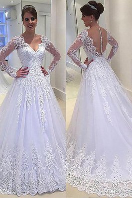 Elegante Vestido de Novia de Corte princesa en Tul de Escote en V de Manga larga