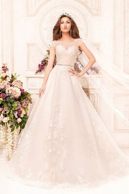 Abito da Sposa con Applique Coda A Strascico Corto in pizzo Lungo con Manica Corte Naturale