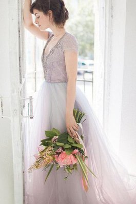 Vestido de Dama de Honor de Corte-A en Tul de Encaje Adorno de Escote en V de Abalorio