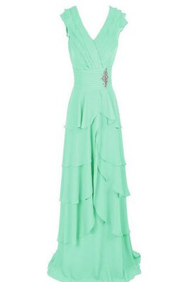 Robe demoiselle d'honneur v encolure fermeutre eclair avec gradins en chiffon jusqu'au sol