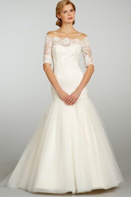 Abito da Sposa Cerniera con Mezze Maniche Senza Maniche in Tulle in Pizzo A-Line