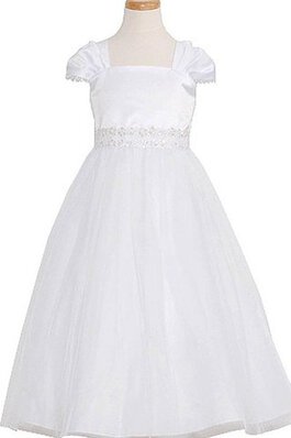Kurze Ärmeln A-Line Quadrat Ausschnitt Blumenmädchenkleid mit Pailletten