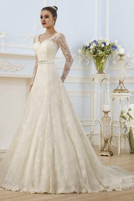 Abito da Sposa V-Scollo Coda A Strascico Corto in Pizzo Elegante A-Line A Terra
