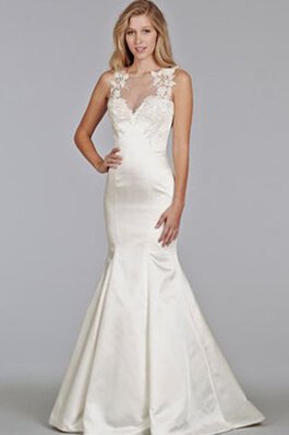 Vestido de Novia en Encaje de Barco de Mangas Illusion de Apliques de Pura espalda