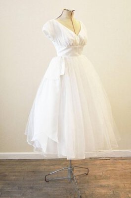 Abito da Sposa Sotto Ginocchio in Tulle retro A-Line con Manica Corte con Increspato