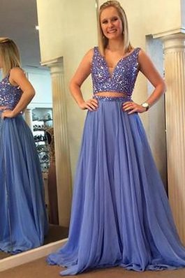 Zwei Stück Chiffon Bodenlanges Ballkleid mit Natürlicher Taille ohne Ärmeln