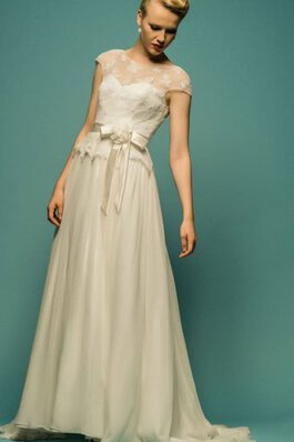 Robe de mariée sobre en tulle avec nœud encolure ronde decoration en fleur