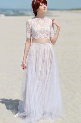 Vestido de Dama de Honor en Encaje y Tul de Encaje Adorno de Cremallera de Manga corta