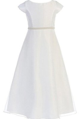 Abito da Cerimonia Bambini con Manica Corte in Tulle con Nastro Naturale Barchetta Cappellino