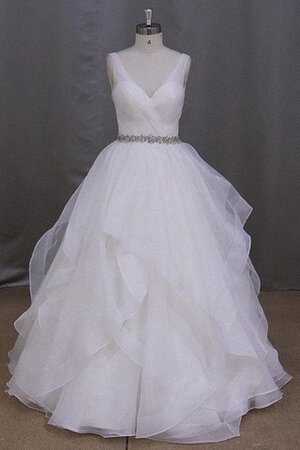 Perlenbesetztes gerüschtes V-Ausschnitt bodenlanges Brautkleid mit Rüschen - Bild 1