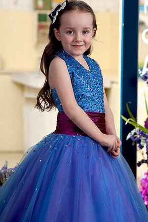 Ärmelloses Duchesse-Linie Nackenband Tüll Blumenmädchenkleid mit Blume - Bild 3
