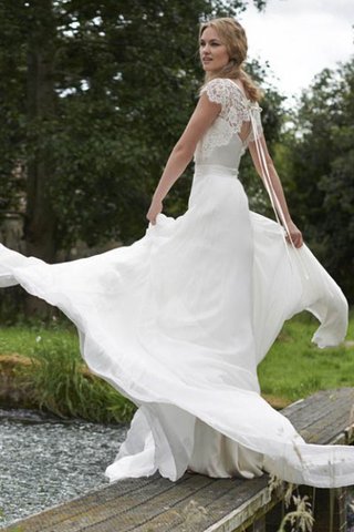 Chiffon Spitze einfaches langes Brautkleid mit kurzen Ärmeln mit Juwel Ausschnitt - Bild 2