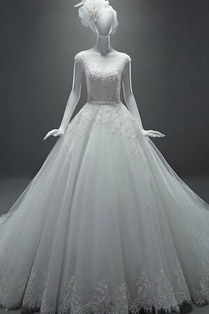 Normale Taille Perlenbesetztes A-Line Brautkleid mit gekappten Ärmeln aus Tüll