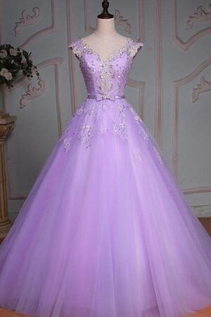 Paillette V-Ausschnitt Perlenbesetztes Spitze Duchesse-Linie bodenlanges Quinceanera Kleid - Bild 1