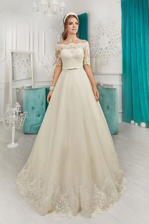 Abito da Sposa con Fiocco Allacciato in Pizzo con Mezze Maniche Naturale Fuori dalla spalla - Foto 1