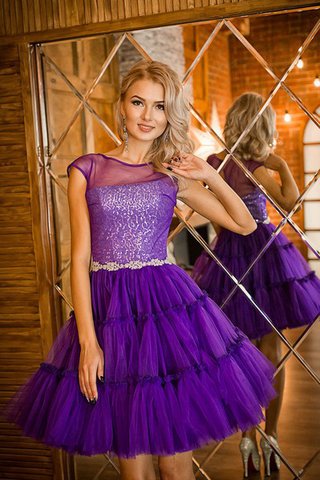 A Linie Hoher Kragen Perlenbesetztes Abiballkleid mit natürlicher Taille mit kurzen Ärmeln - Bild 2