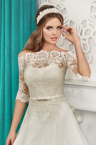Abito da Sposa A Terra Fuori dalla spalla con Applique in Pizzo con Fiocco con Mezze Maniche - Foto 2