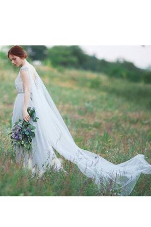 Abito da Damigella Coda a strascico watteau Barchetta A-Line in Tulle con Perline Cappellino - Foto 4