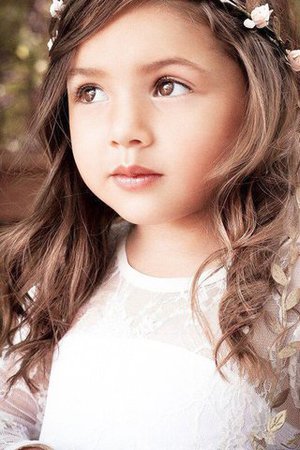 Abito da Cerimonia Bambini con Fiore A-Line con Maniche Lunghe in Pizzo Naturale - Foto 3
