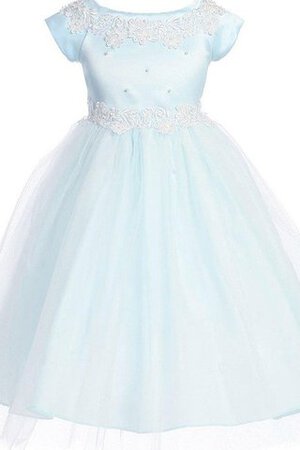 Bateau kurze Ärmeln A-Line Satin bodenlanges Blumenmädchenkleid mit Applike - Bild 1