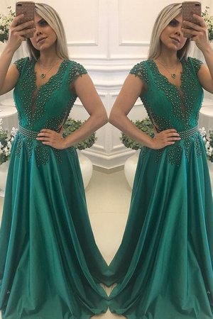 Fantastisch V-Ausschnitt Kurze Ärmeln Perlenbesetztes Bodenlanges Ballkleid - Bild 1