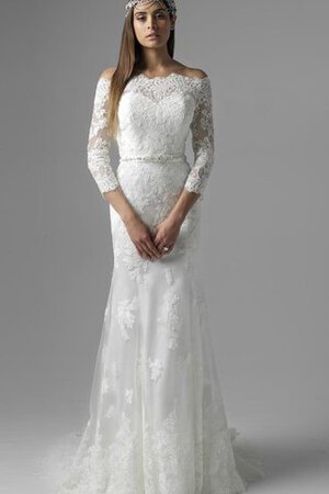 Robe de mariée chic modeste d'epaule ajourée de traîne courte ceinture avec perle - Photo 1
