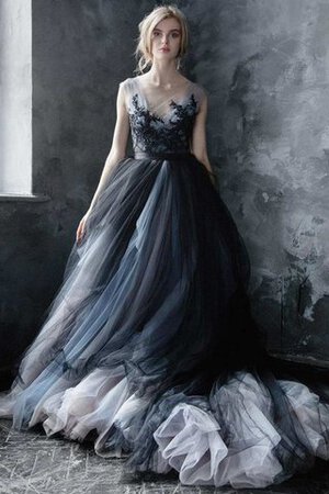 Kurze Ärmeln Tüll gesticktes Gericht Schleppe Brautkleid mit Bordüre mit Schleife - Bild 2