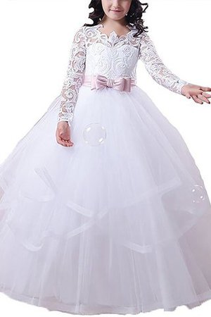 Lange Ärmeln Natürliche Taile Duchesse-Linie Bodenlanges Blumenmädchenkleid mit Bordüre - Bild 1