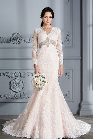 Sweep train Perlenbesetztes Organza Normale Taille Brautkleid mit V-Ausschnitt - Bild 2