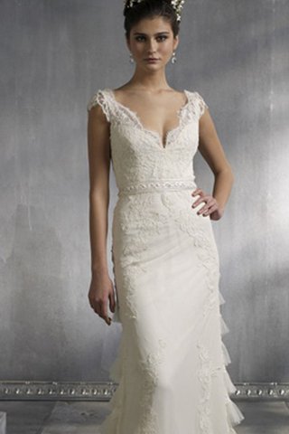 Robe de mariée naturel plissé de traîne courte avec manche épeules enveloppants de sirène - Photo 2