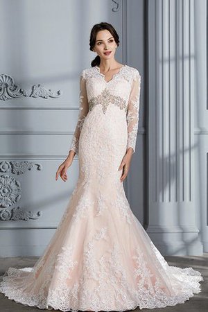 Sweep train Perlenbesetztes Organza Normale Taille Brautkleid mit V-Ausschnitt - Bild 6
