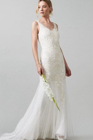 Spitze Ärmellos zeitloses Perlenbesetztes Brautkleid mit Bordüre mit Applike - Bild 1