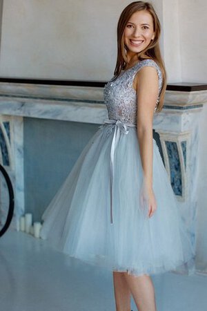 Plissiertes Juwel Ausschnitt A Linie Tüll Abiballkleid mit Applike mit gekappten Ärmeln - Bild 3
