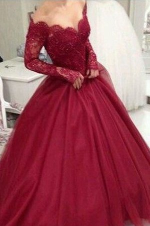 Robe de bal en tulle joli de col en v avec décoration dentelle naturel - Photo 1