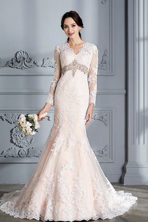 Sweep train Perlenbesetztes Organza Normale Taille Brautkleid mit V-Ausschnitt - Bild 3