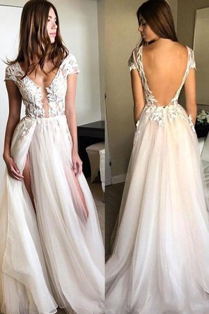 Robe de soirée de traîne courte junoesque appliques textile en tulle avec manche courte - Photo 1