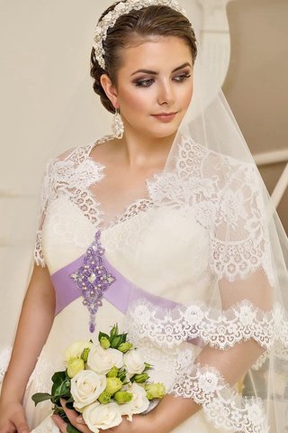 Robe de mariée naturel cordon avec perle de col en v avec manche épeules enveloppants - Photo 2