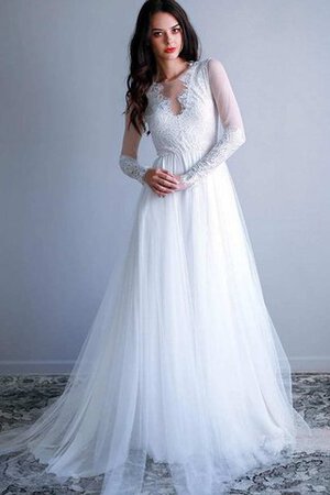 Schaufel-Ausschnitt Sweep train lange Ärmeln Spitze Brautkleid mit Bordüre aus Tüll - Bild 4