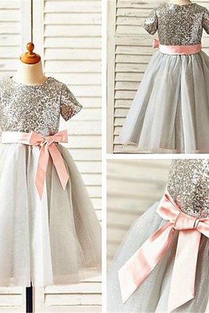 Kurze Ärmeln Reißverschluss Paillettenbesetztes Prinzessin Wadenlanges Blumenmädchenkleid - Bild 6